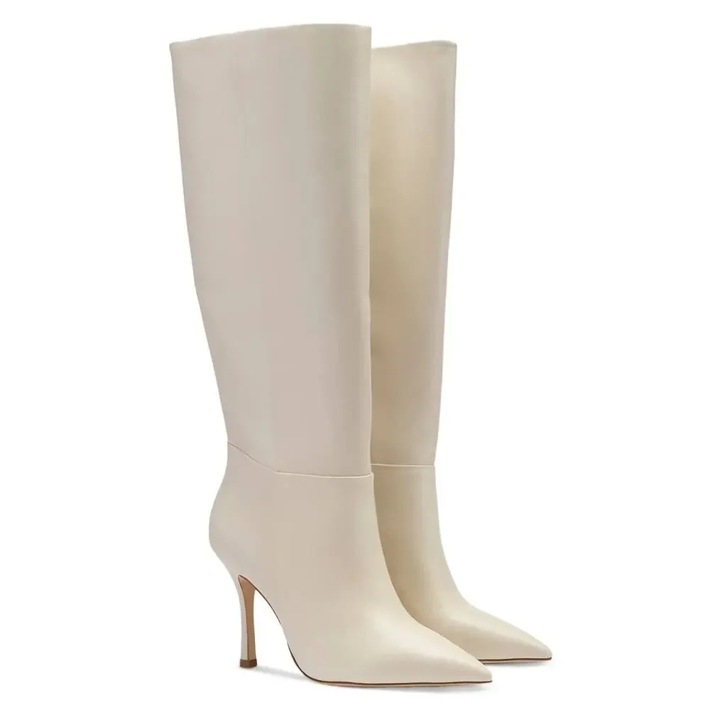 Larroude Kate Ivory Leather Stiletto Heel Pointed Toe Tall Boots Size 6‎